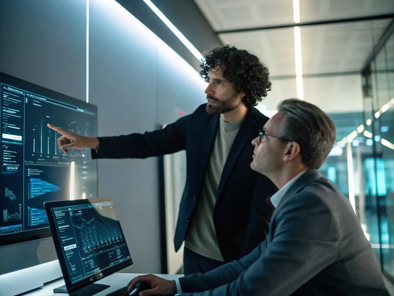 A consultant is presenting a strategic AI deployment plan to a client in a modern office setting, emphasizing the integration of AI solutions with existing business workflows.
