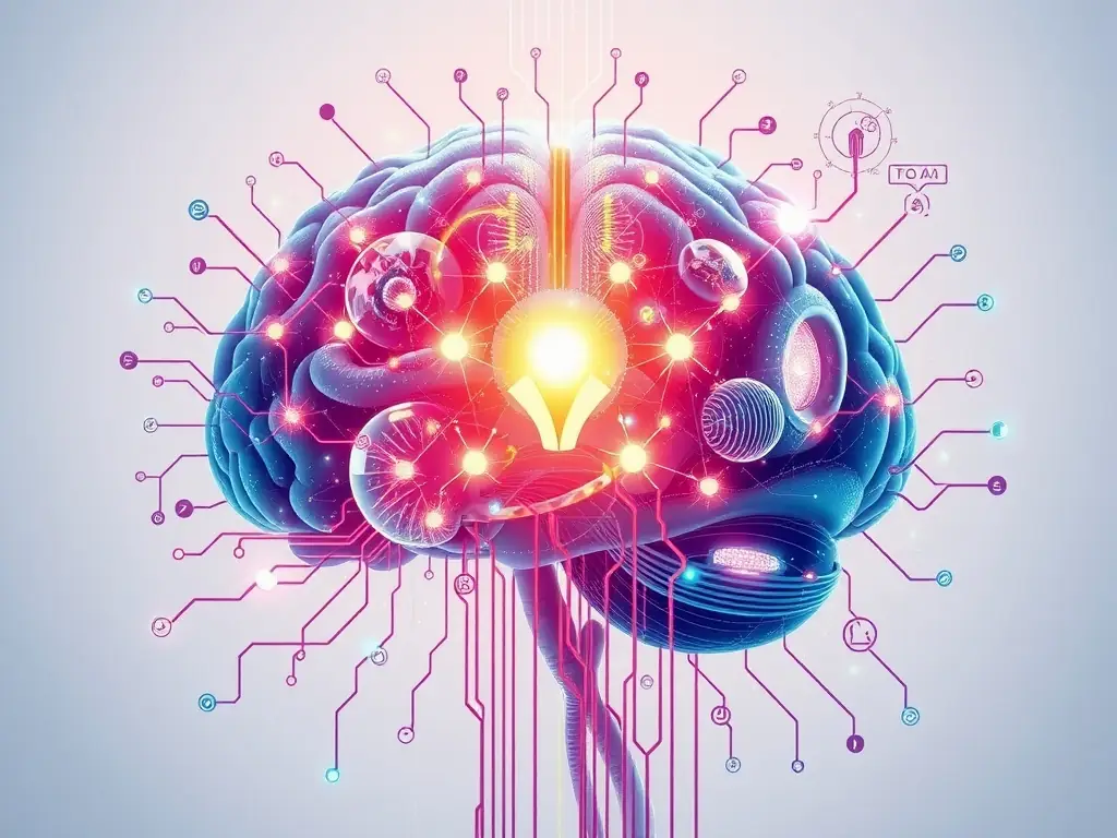 A digital illustration of an AI brain connected to various data points, symbolizing the research and development efforts of Gillen AI Lab in advancing AI technologies.
